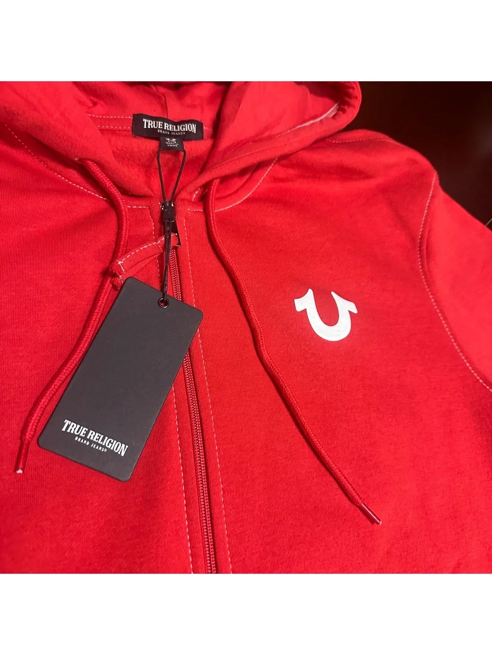 True religion, Red, men’s Buddha graphic full zip hoodie, large